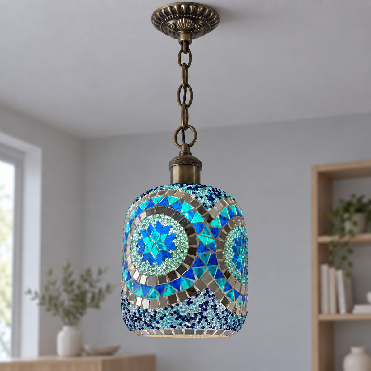 Style H blue mosaic pendant photographed in a neutral room in daylight