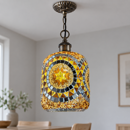 Style I yellow and amber mosaic pendant photographed in daylight