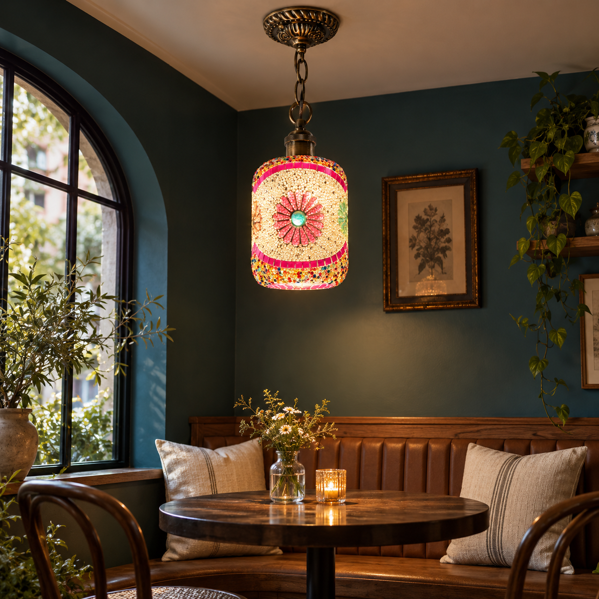 Pink floral mosaic pendant lighting a teal and walnut cafe nook