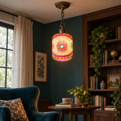 Beaded pink floral mosaic pendant in a teal and walnut reading corner