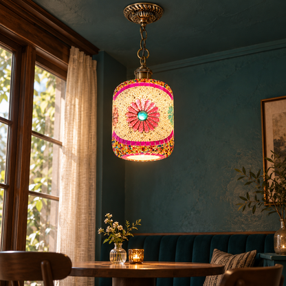 Beaded floral mosaic pendant viewed from below over a walnut cafe table