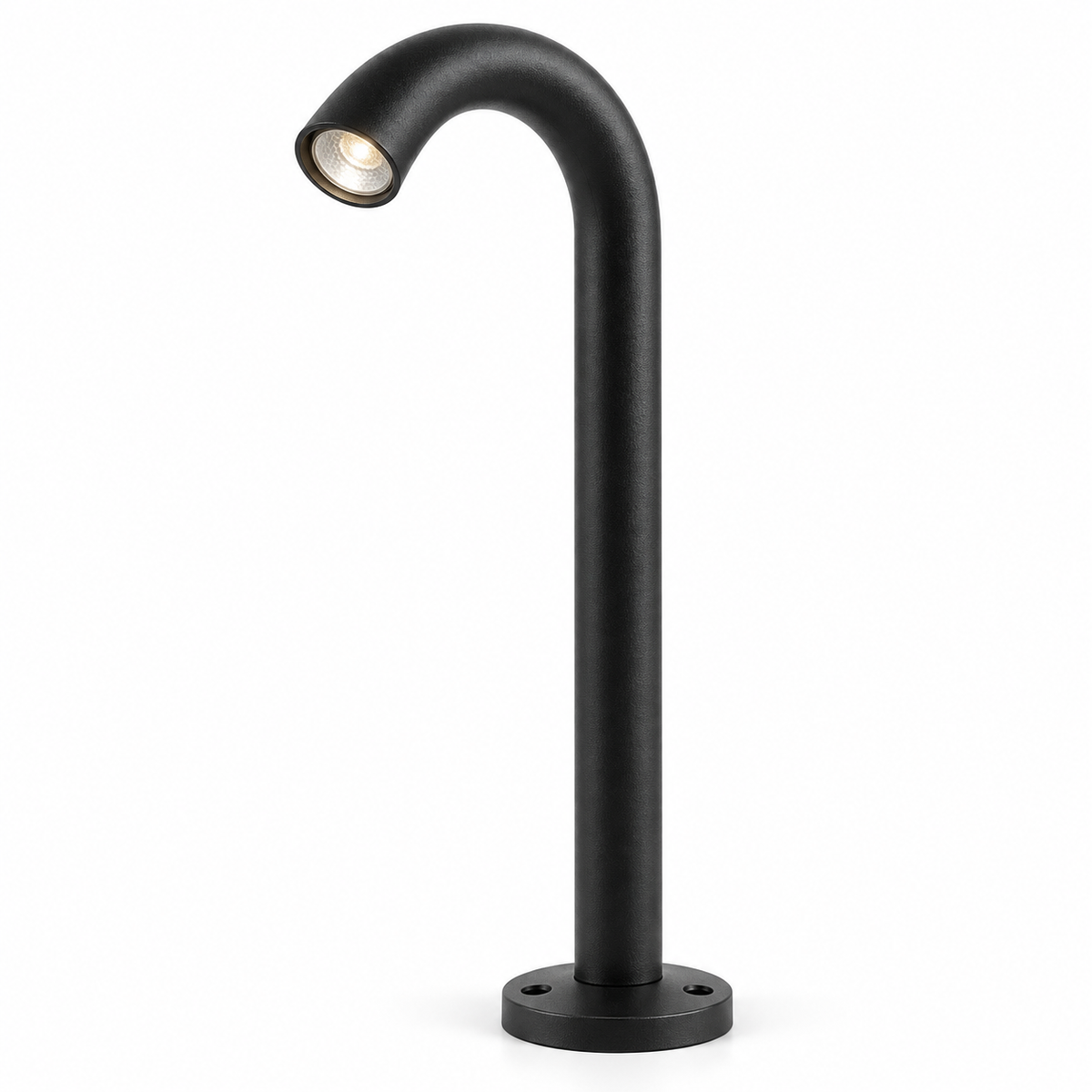 Black curved aluminium garden path light with a round fixing base on white