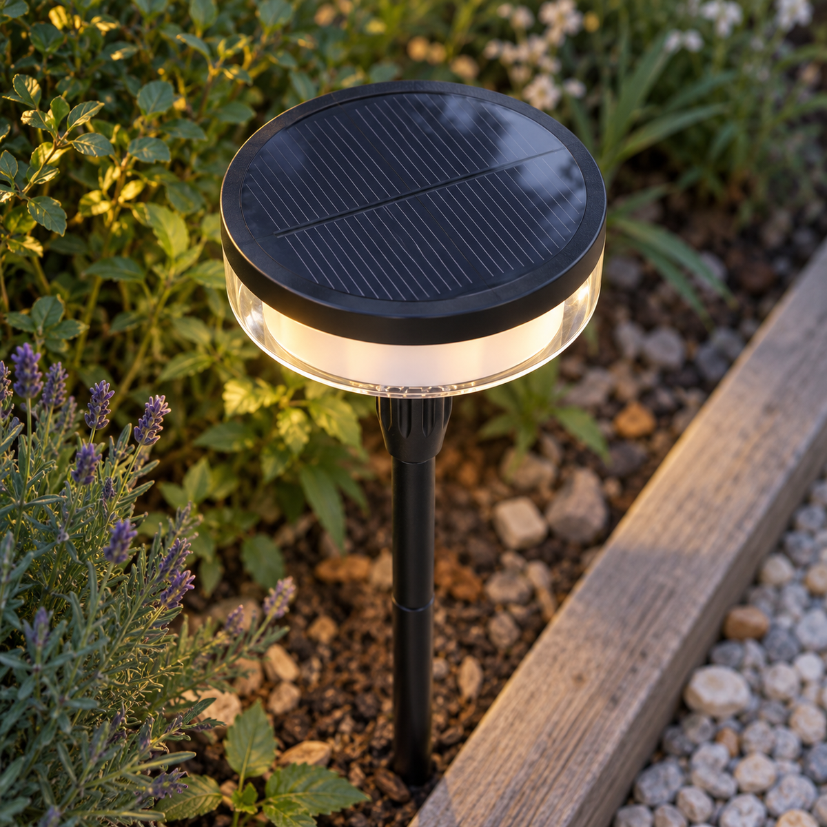 Elevated view of a solar disc garden light showing its broad striped solar panel