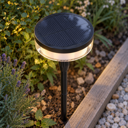 Elevated view of a solar disc garden light showing its broad striped solar panel