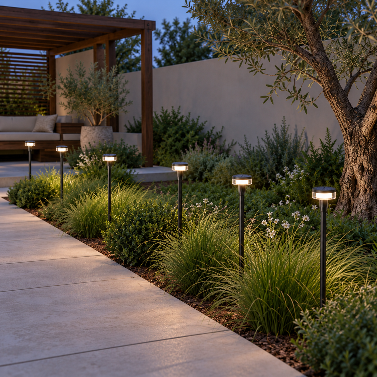 Six illuminated solar disc lights installed along a modern garden border