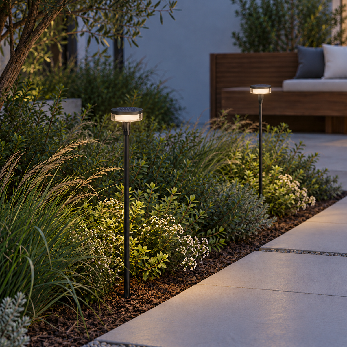 Two solar disc lights installed beside a contemporary courtyard garden path
