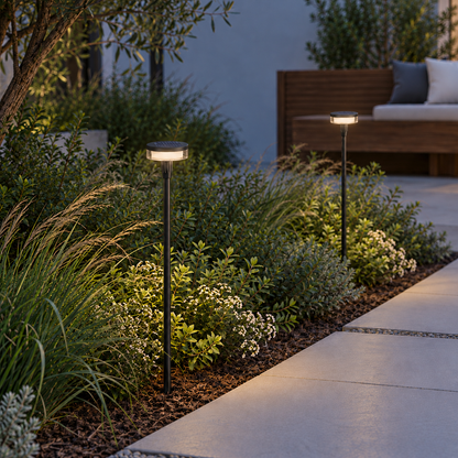 Two solar disc lights installed beside a contemporary courtyard garden path