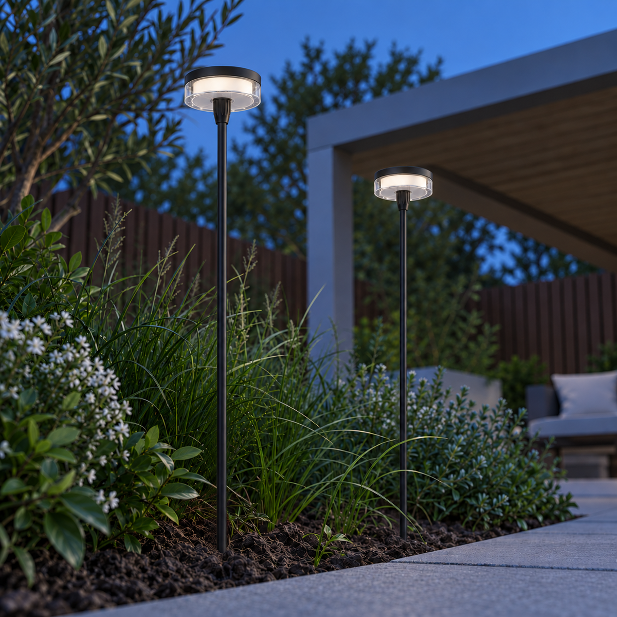 Low view beneath two illuminated solar disc garden lights rooted in a border