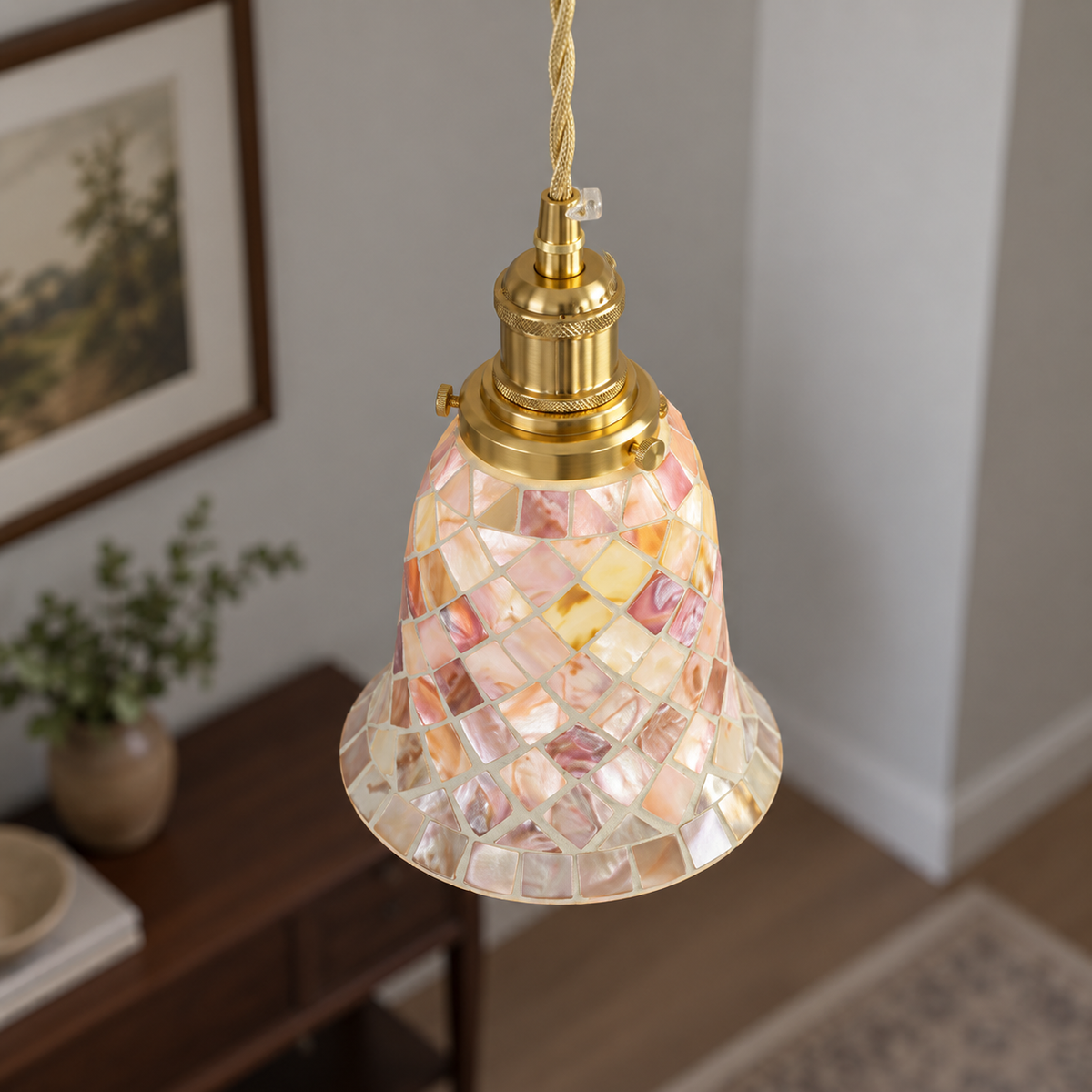 Model B shell and glass mosaic pendant seen from above, showing its upper shade and copper fittings