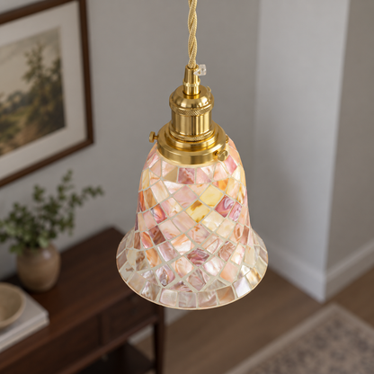 Model B shell and glass mosaic pendant seen from above, showing its upper shade and copper fittings