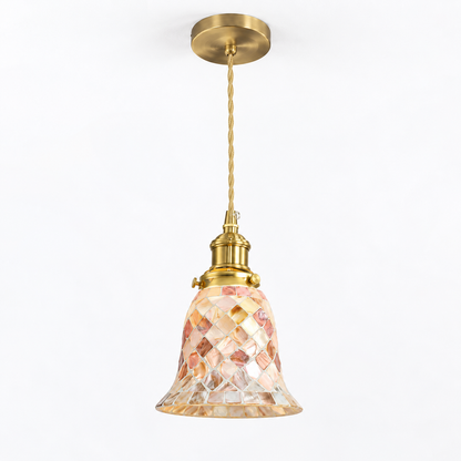 Bell-shaped shell and glass mosaic pendant, model B, with copper fittings on white background
