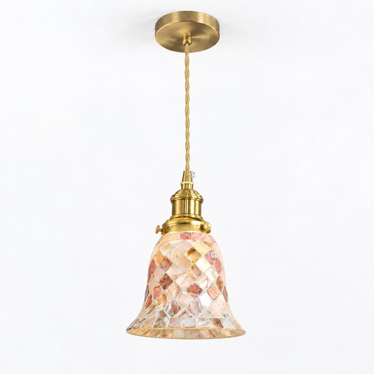 Bell-shaped shell and glass mosaic pendant, model B, with copper fittings on white background