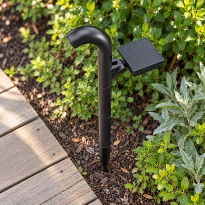 Arched solar path light seen from above beside a herb garden