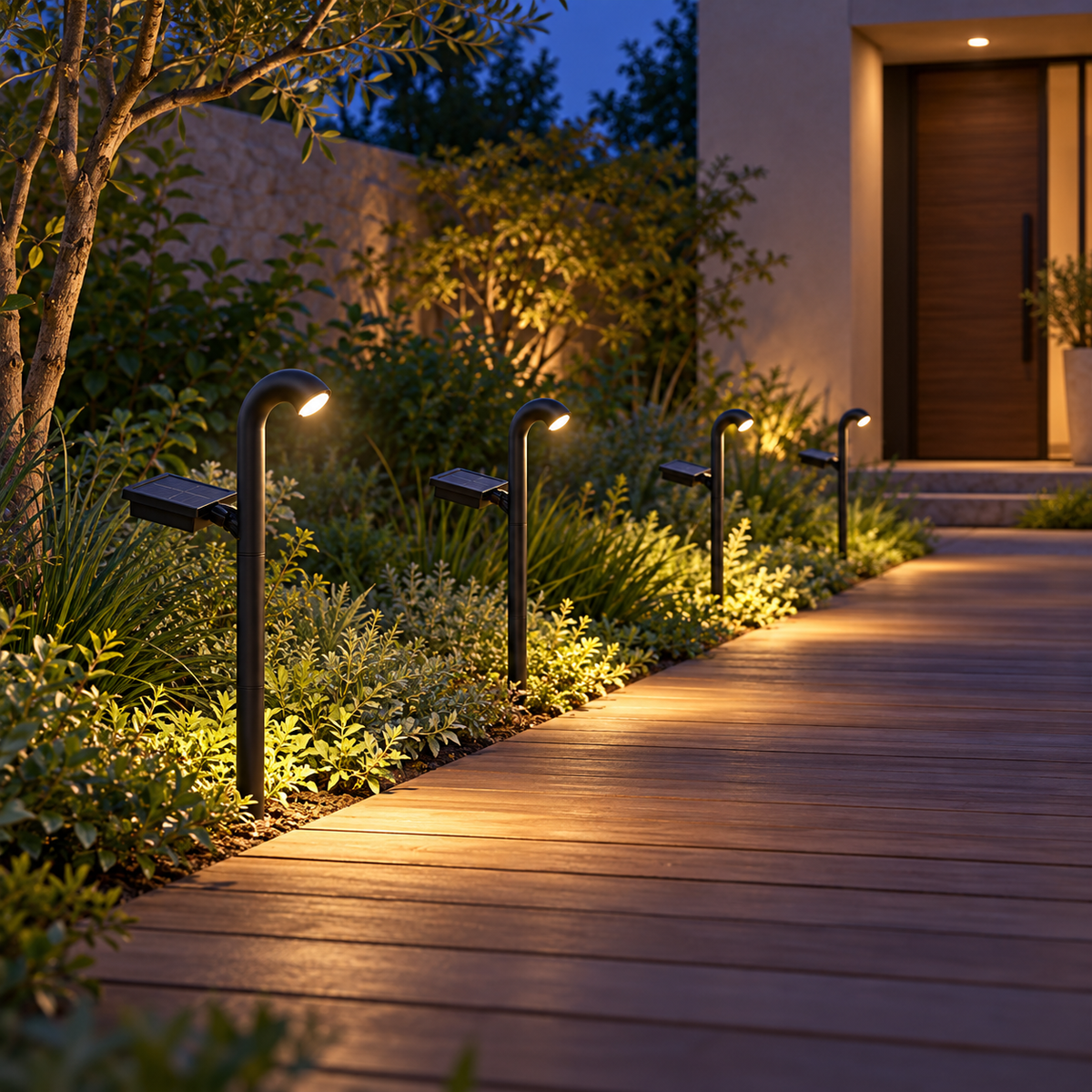 Four arched solar path lights beside a timber garden walkway