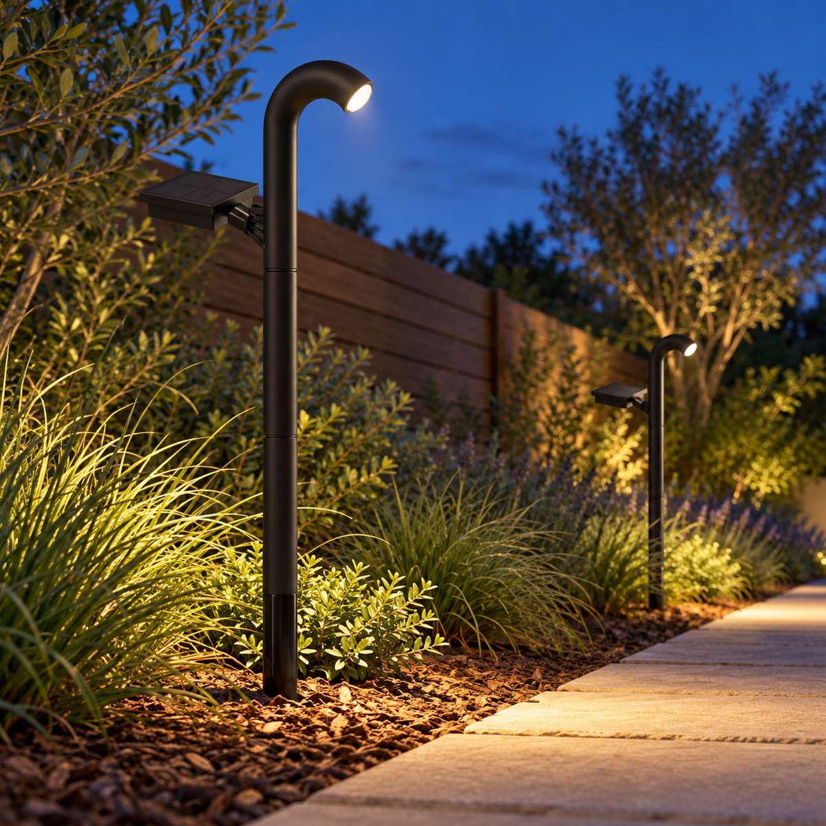 Arched solar path lights viewed from ground level beside a stone path