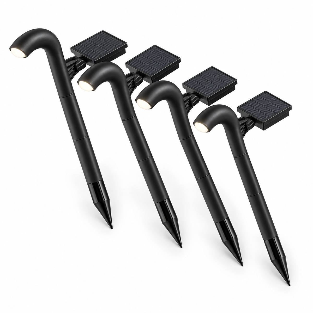 4 black arched solar path lights with adjustable panels on white