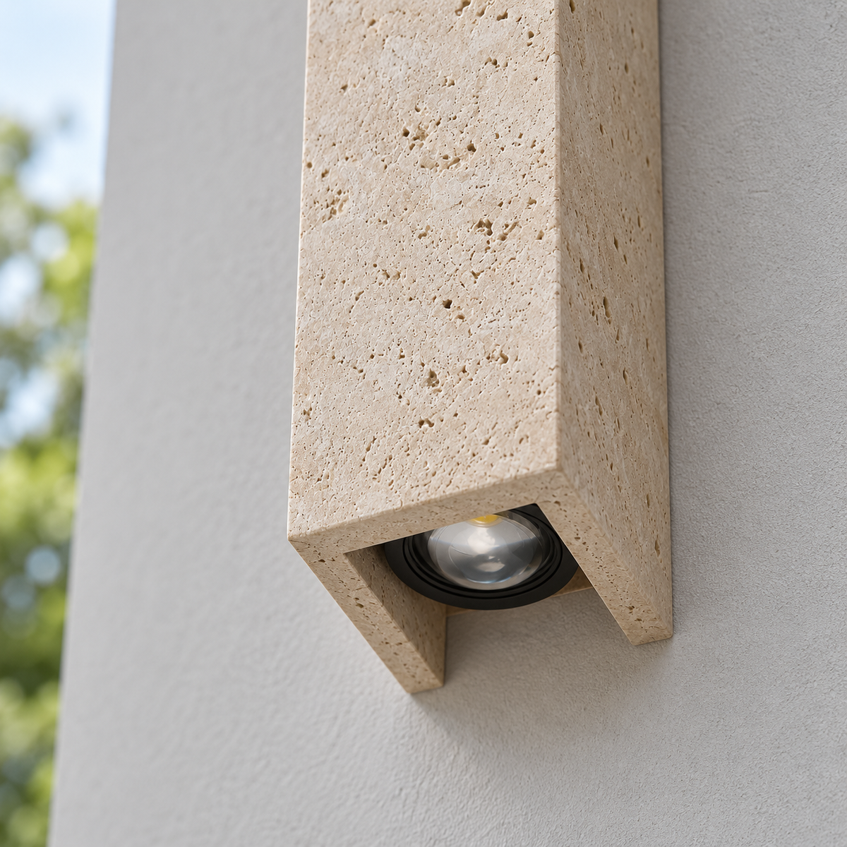 Close-up of travertine wall light showing stone pores and recessed lower COB optic