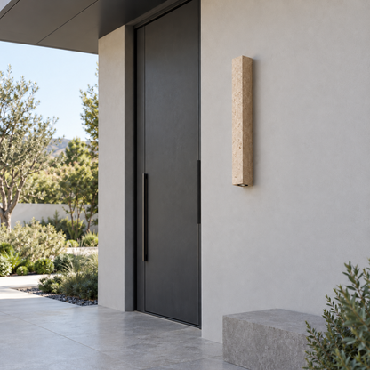 80 cm travertine wall light beside a modern covered entrance, switched off