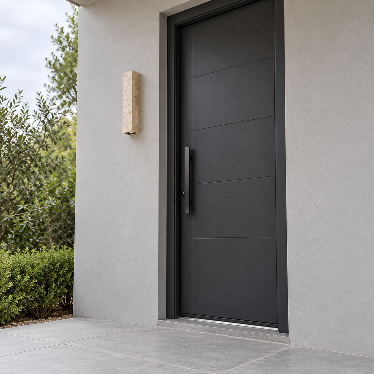 40 cm travertine wall light beside a modern gray entrance, switched off