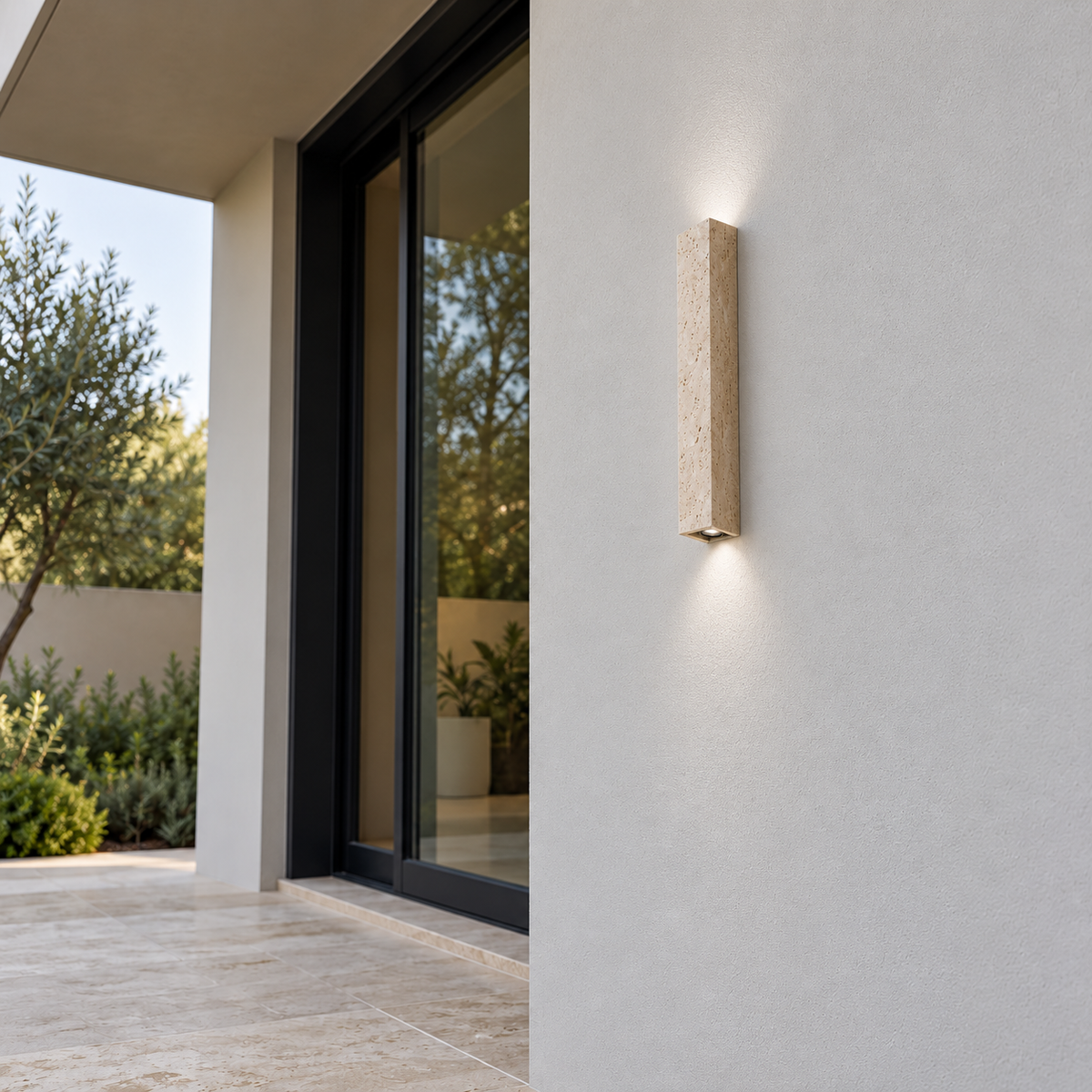 60 cm travertine wall light viewed from below in a daylight courtyard