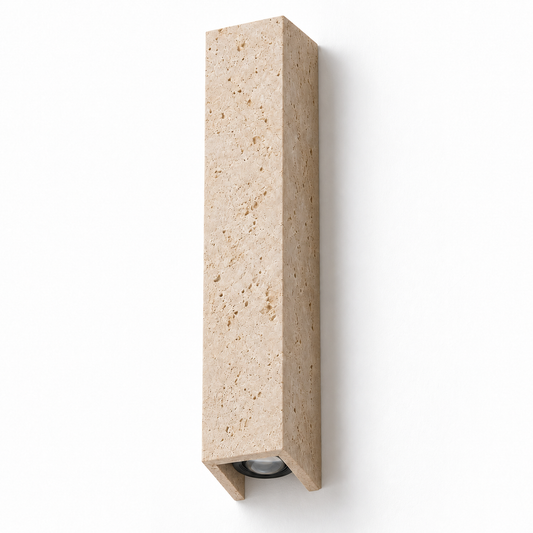 40 cm travertine outdoor wall light on white, switched off