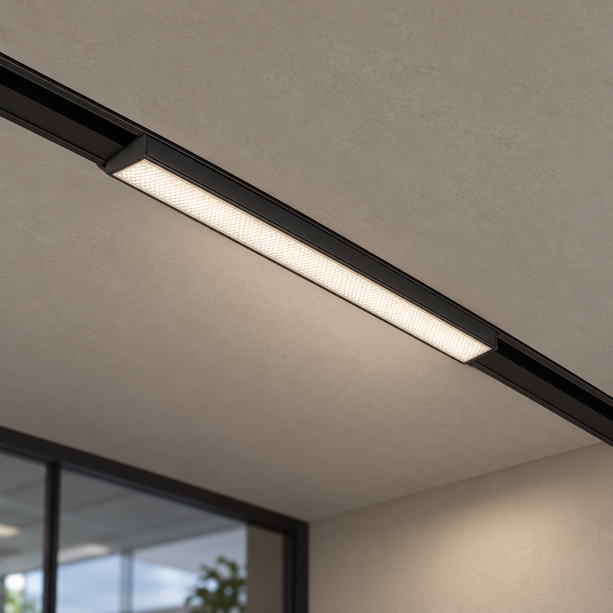 Magnetic linear floodlight 12W, black finish, illuminated and mounted in a continuous ceiling track with visible room context.