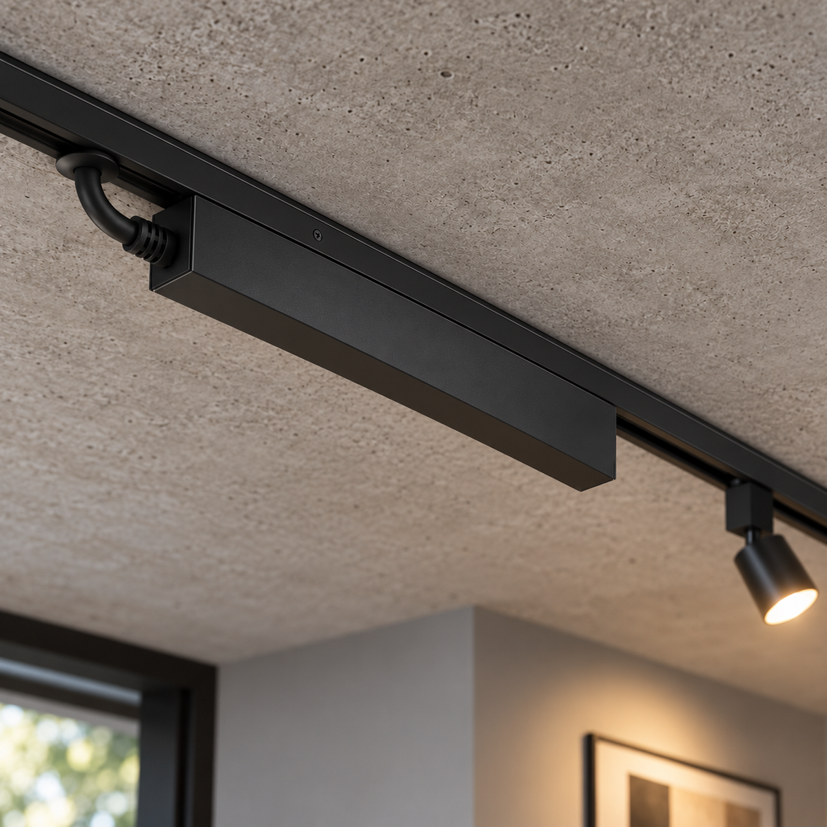 Magnetic track power driver 100W, black finish, installed in the track with concealed input feed and a separately illuminated light in the room.