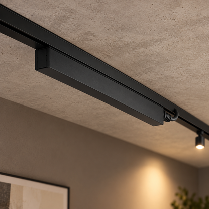 Magnetic track power driver 200W, black finish, installed in the track with concealed input feed and a separately illuminated light in the room.