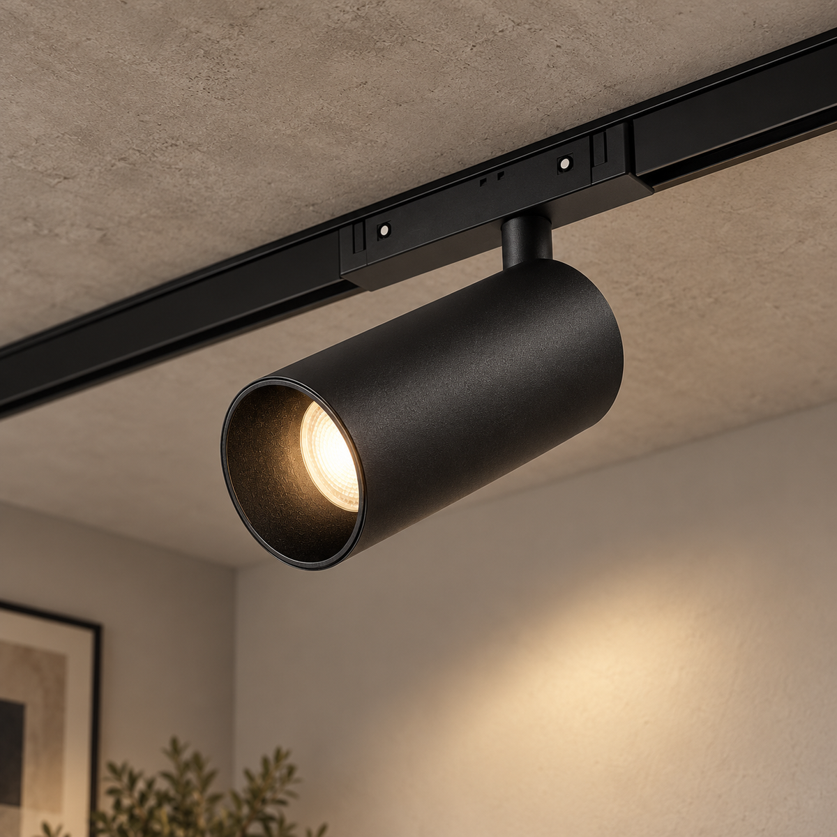 Magnetic track Spotlight 24W, black finish, illuminated and installed on a ceiling track in a room.