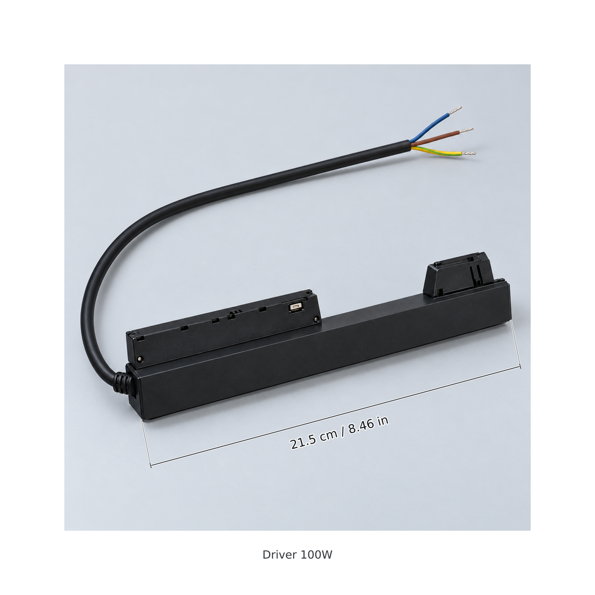 Black driver 100w with dimension lines in centimetres and inches: Body length 21.5 cm / 8.46 in.