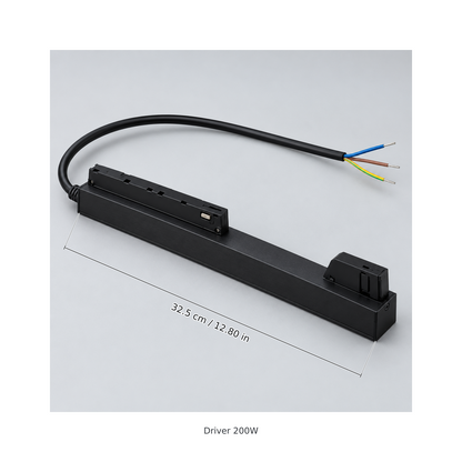 Black driver 200w with dimension lines in centimetres and inches: Body length 32.5 cm / 12.80 in.