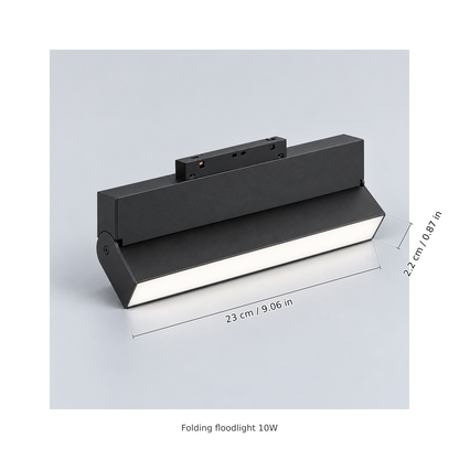 Black folding floodlight 10w with dimension lines in centimetres and inches: Light bar length 23 cm / 9.06 in; Light bar width 2.2 cm / 0.87 in.