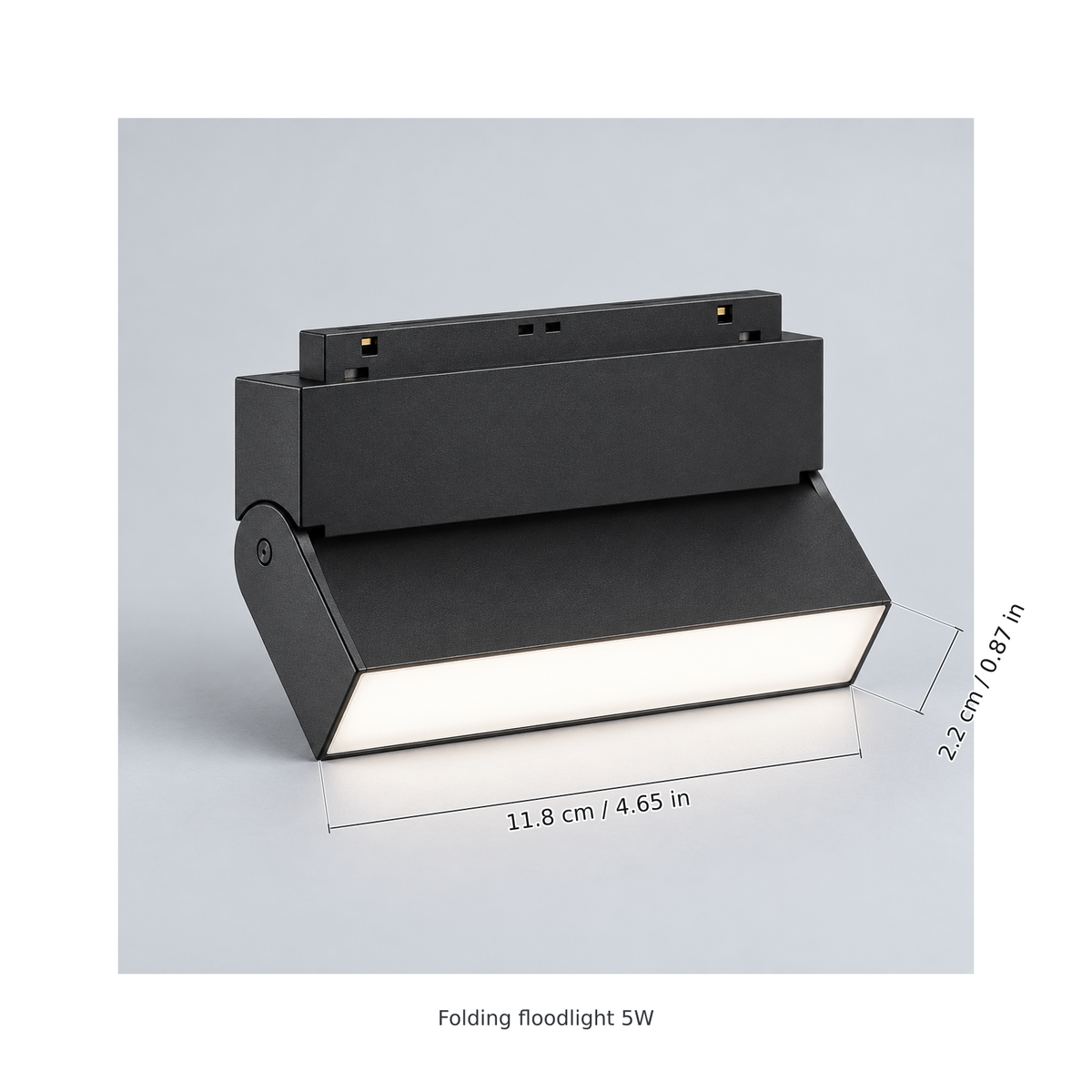 Black folding floodlight 5w with dimension lines in centimetres and inches: Light bar length 11.8 cm / 4.65 in; Light bar width 2.2 cm / 0.87 in.