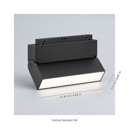 Black folding floodlight 5w with dimension lines in centimetres and inches: Light bar length 11.8 cm / 4.65 in; Light bar width 2.2 cm / 0.87 in.