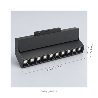 Black folding grille 12w with dimension lines in centimetres and inches: Light bar length 23 cm / 9.06 in; Light bar width 2.2 cm / 0.87 in.