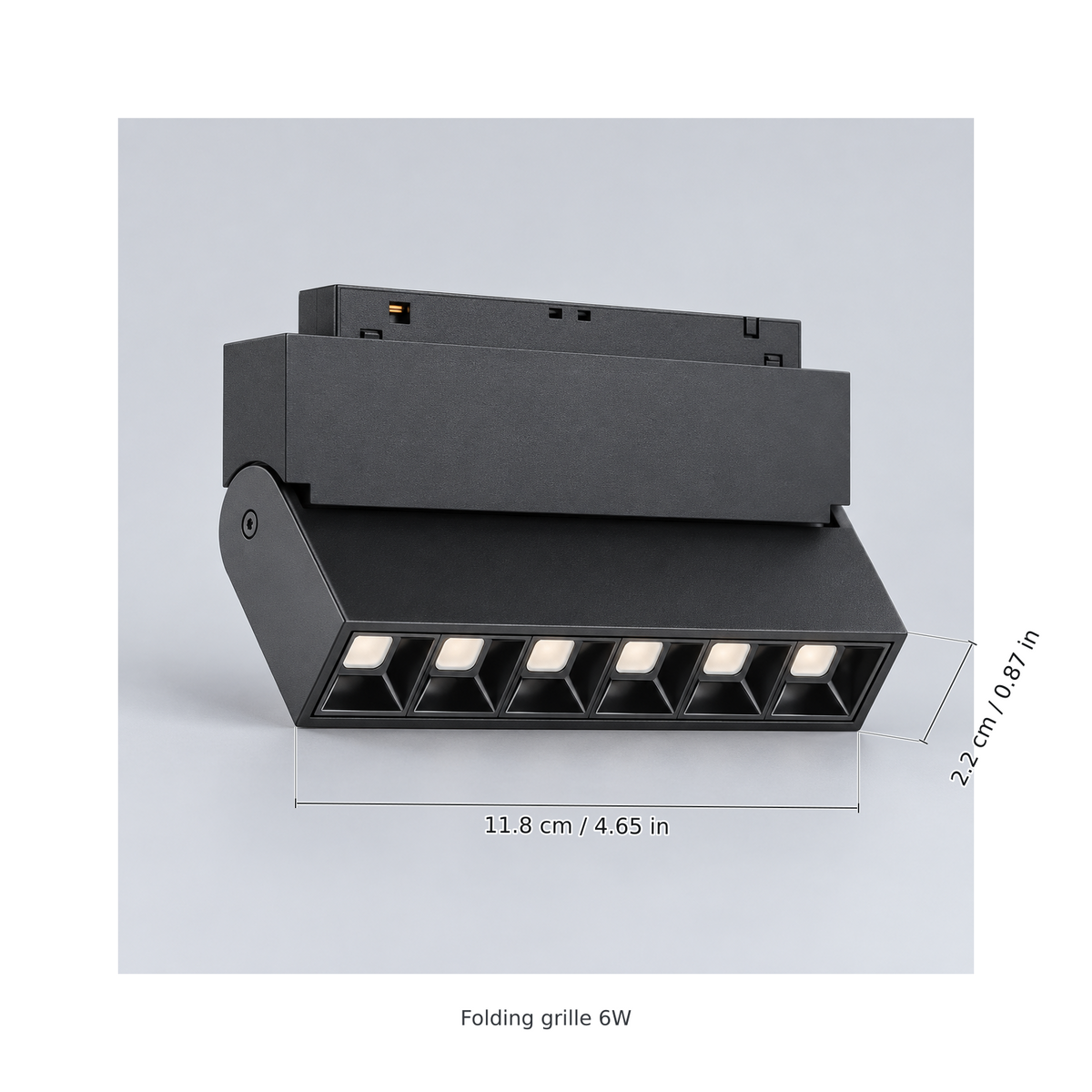 Black folding grille 6w with dimension lines in centimetres and inches: Light bar length 11.8 cm / 4.65 in; Light bar width 2.2 cm / 0.87 in.