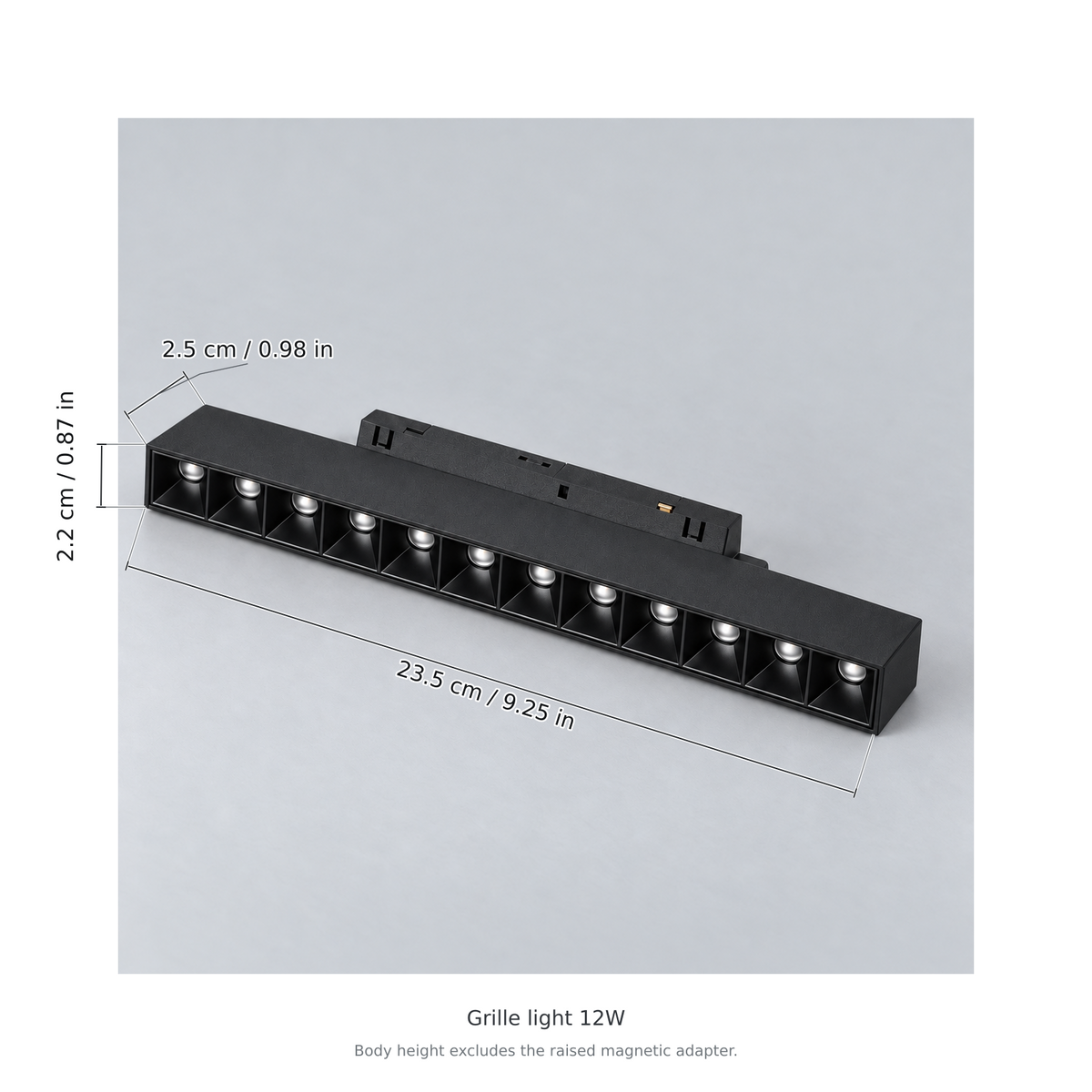 Black grille light 12w with dimension lines in centimetres and inches: Length 23.5 cm / 9.25 in; Width 2.2 cm / 0.87 in; Body height 2.5 cm / 0.98 in.