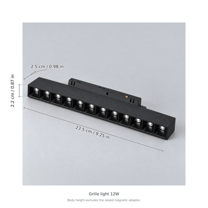 Black grille light 12w with dimension lines in centimetres and inches: Length 23.5 cm / 9.25 in; Width 2.2 cm / 0.87 in; Body height 2.5 cm / 0.98 in.