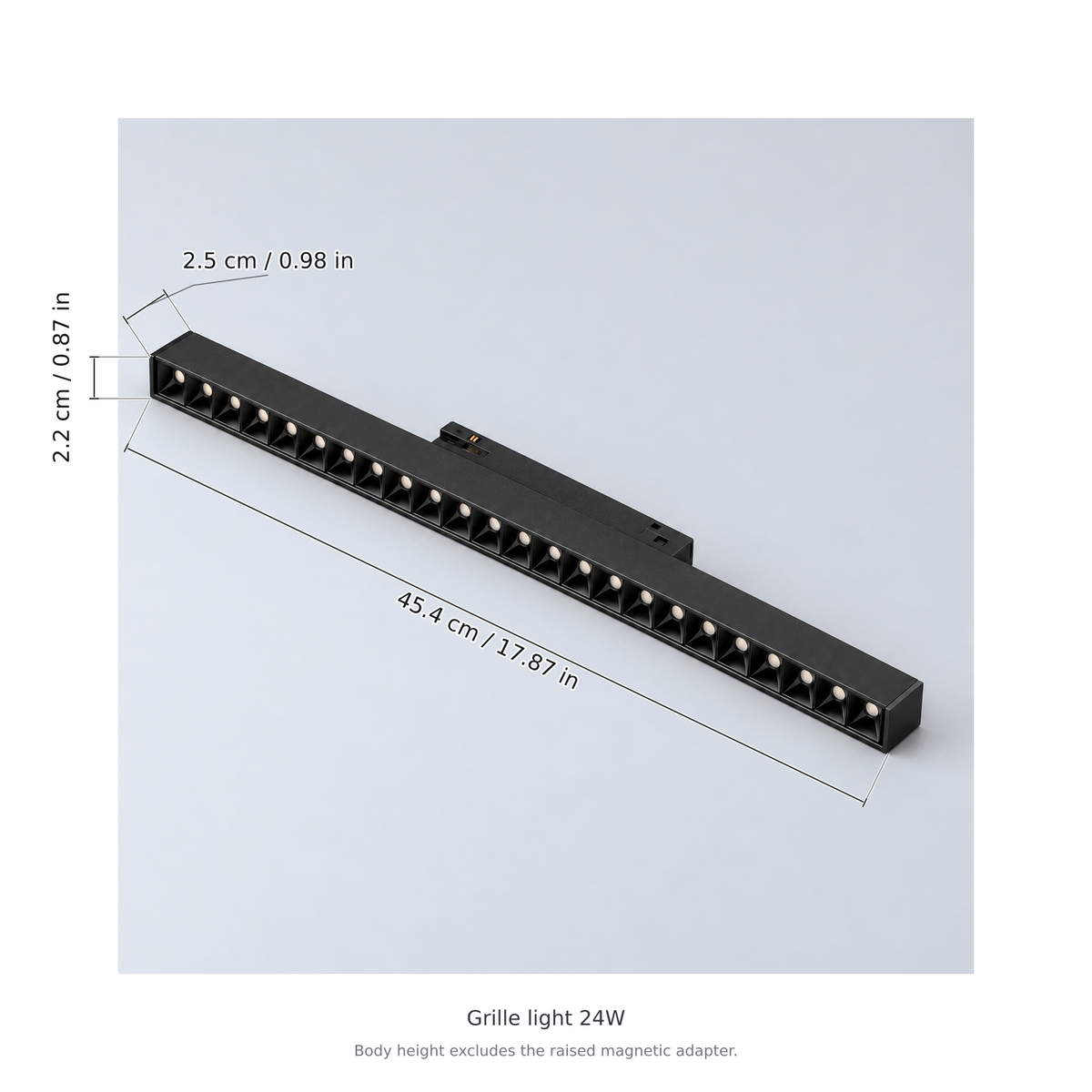 Black grille light 24w with dimension lines in centimetres and inches: Length 45.4 cm / 17.87 in; Width 2.2 cm / 0.87 in; Body height 2.5 cm / 0.98 in.