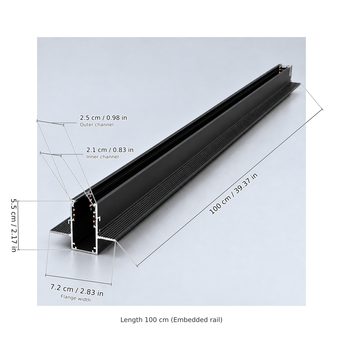 Black length 100 cm (embedded rail) with dimension lines in centimetres and inches: Length 100 cm / 39.37 in; Flange width 7.2 cm / 2.83 in; Profile height 5.5 cm / 2.17 in; Outer channel 2.5 cm / 0.98 in; Inner channel 2.1 cm / 0.83 in.