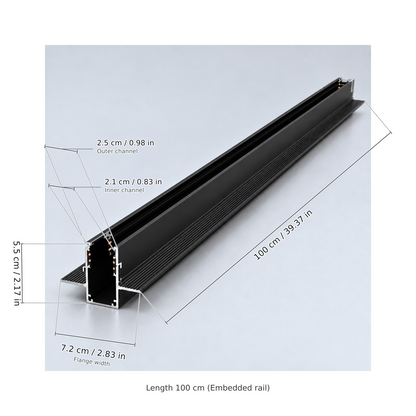 Black length 100 cm (embedded rail) with dimension lines in centimetres and inches: Length 100 cm / 39.37 in; Flange width 7.2 cm / 2.83 in; Profile height 5.5 cm / 2.17 in; Outer channel 2.5 cm / 0.98 in; Inner channel 2.1 cm / 0.83 in.