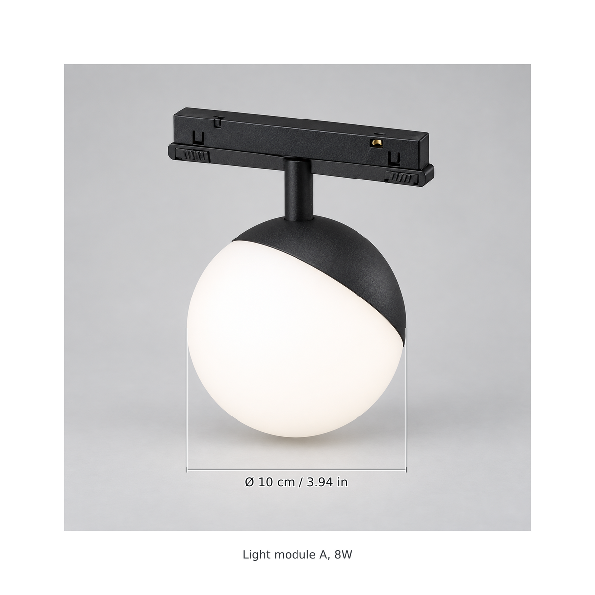 Black light module a, 8w with dimension lines in centimetres and inches: Globe diameter Ø 10 cm / 3.94 in.
