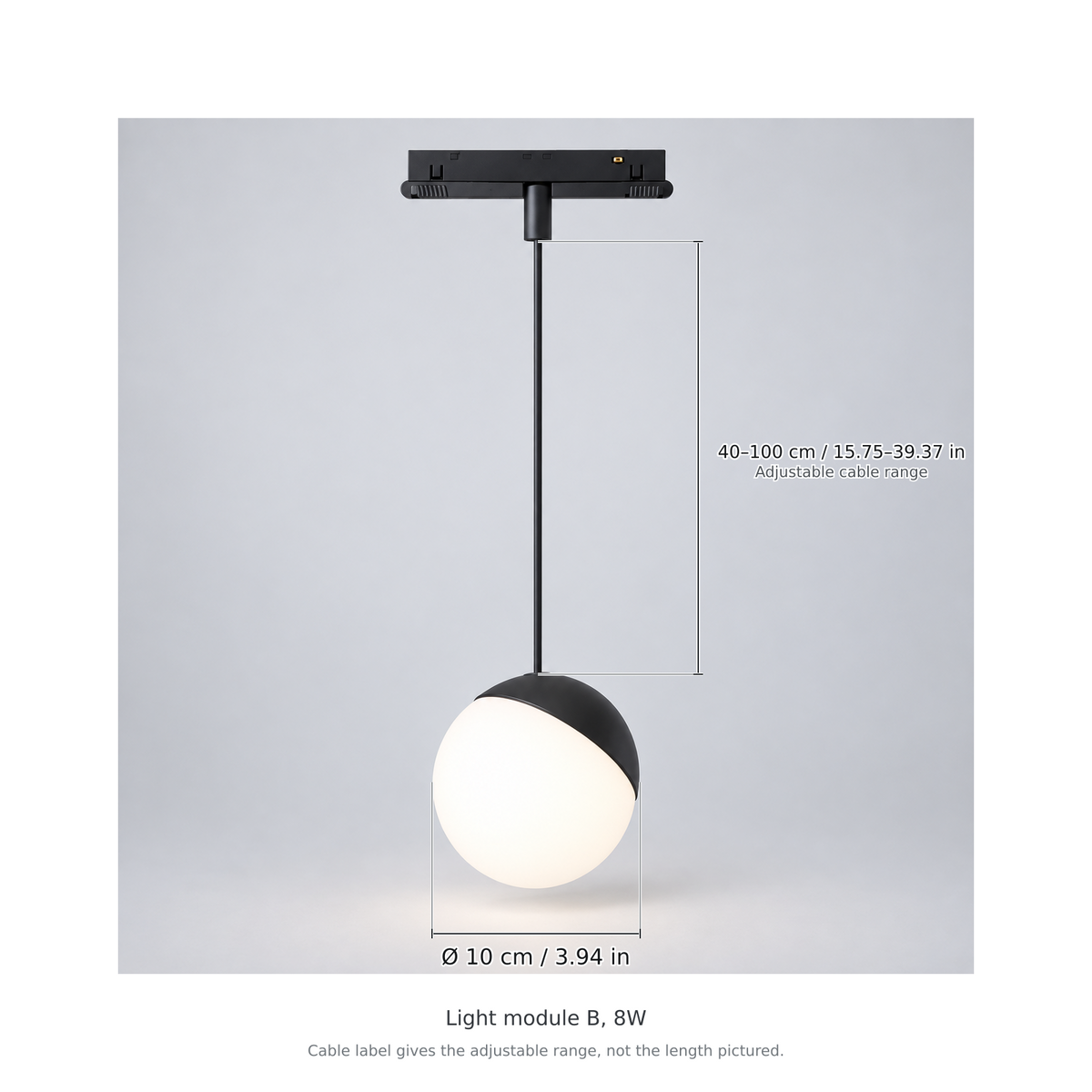 Black light module b, 8w with dimension lines in centimetres and inches: Globe diameter Ø 10 cm / 3.94 in; Adjustable cable range 40–100 cm / 15.75–39.37 in.