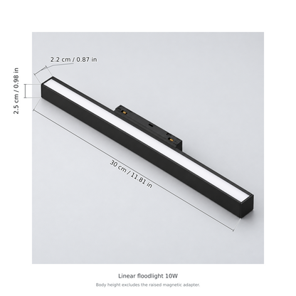 Black linear floodlight 10w with dimension lines in centimetres and inches: Length 30 cm / 11.81 in; Width 2.2 cm / 0.87 in; Body height 2.5 cm / 0.98 in.