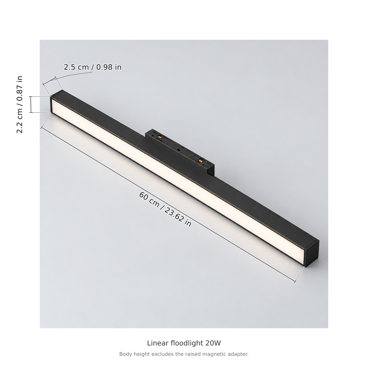 Black linear floodlight 20w with dimension lines in centimetres and inches: Length 60 cm / 23.62 in; Width 2.2 cm / 0.87 in; Body height 2.5 cm / 0.98 in.