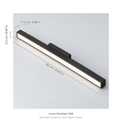 Black linear floodlight 20w with dimension lines in centimetres and inches: Length 60 cm / 23.62 in; Width 2.2 cm / 0.87 in; Body height 2.5 cm / 0.98 in.