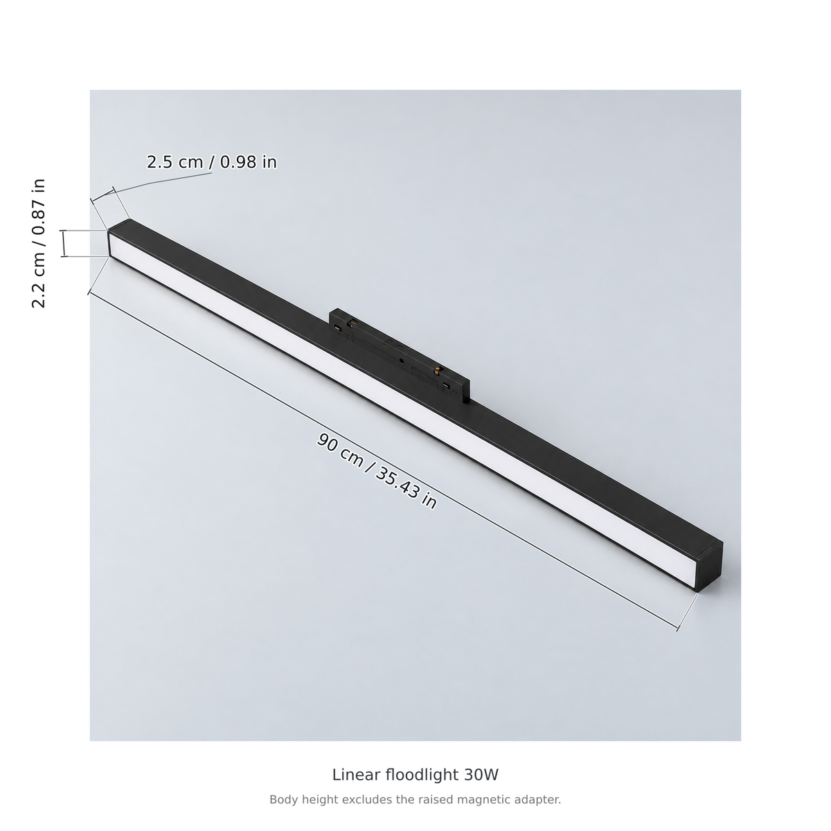 Black linear floodlight 30w with dimension lines in centimetres and inches: Length 90 cm / 35.43 in; Width 2.2 cm / 0.87 in; Body height 2.5 cm / 0.98 in.