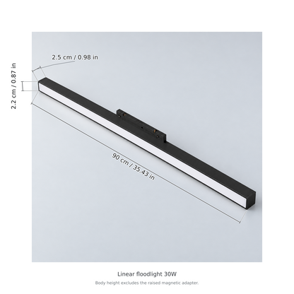 Black linear floodlight 30w with dimension lines in centimetres and inches: Length 90 cm / 35.43 in; Width 2.2 cm / 0.87 in; Body height 2.5 cm / 0.98 in.