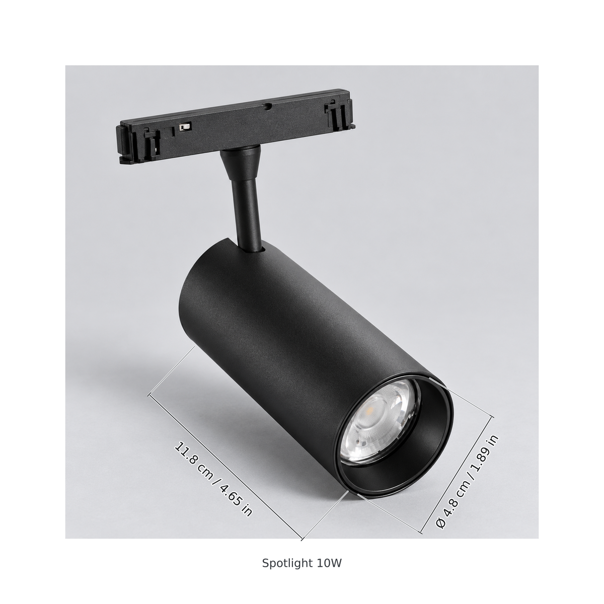 Black spotlight 10w with dimension lines in centimetres and inches: Head length 11.8 cm / 4.65 in; Head diameter Ø 4.8 cm / 1.89 in.