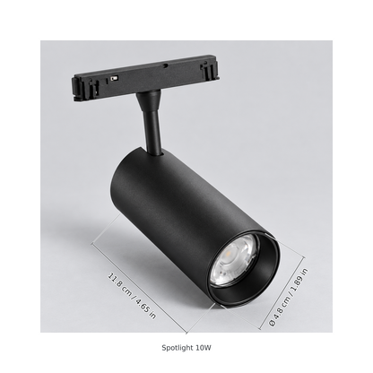 Black spotlight 10w with dimension lines in centimetres and inches: Head length 11.8 cm / 4.65 in; Head diameter Ø 4.8 cm / 1.89 in.